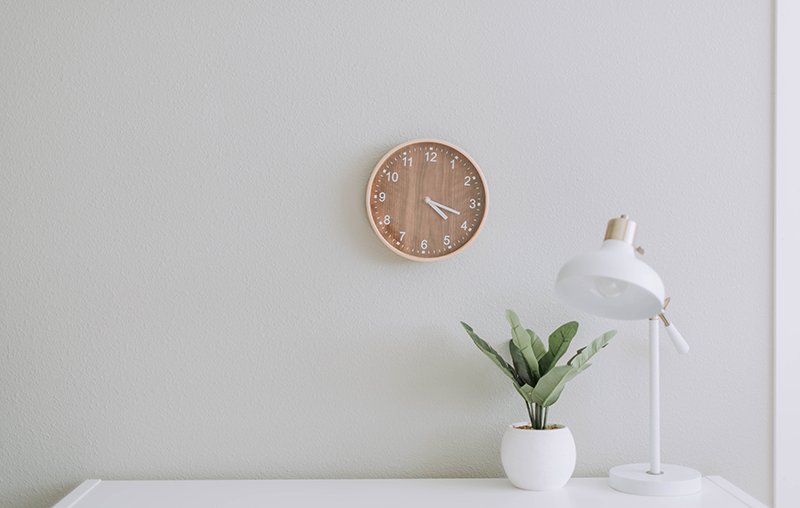 A plant on desk with clock on a wall